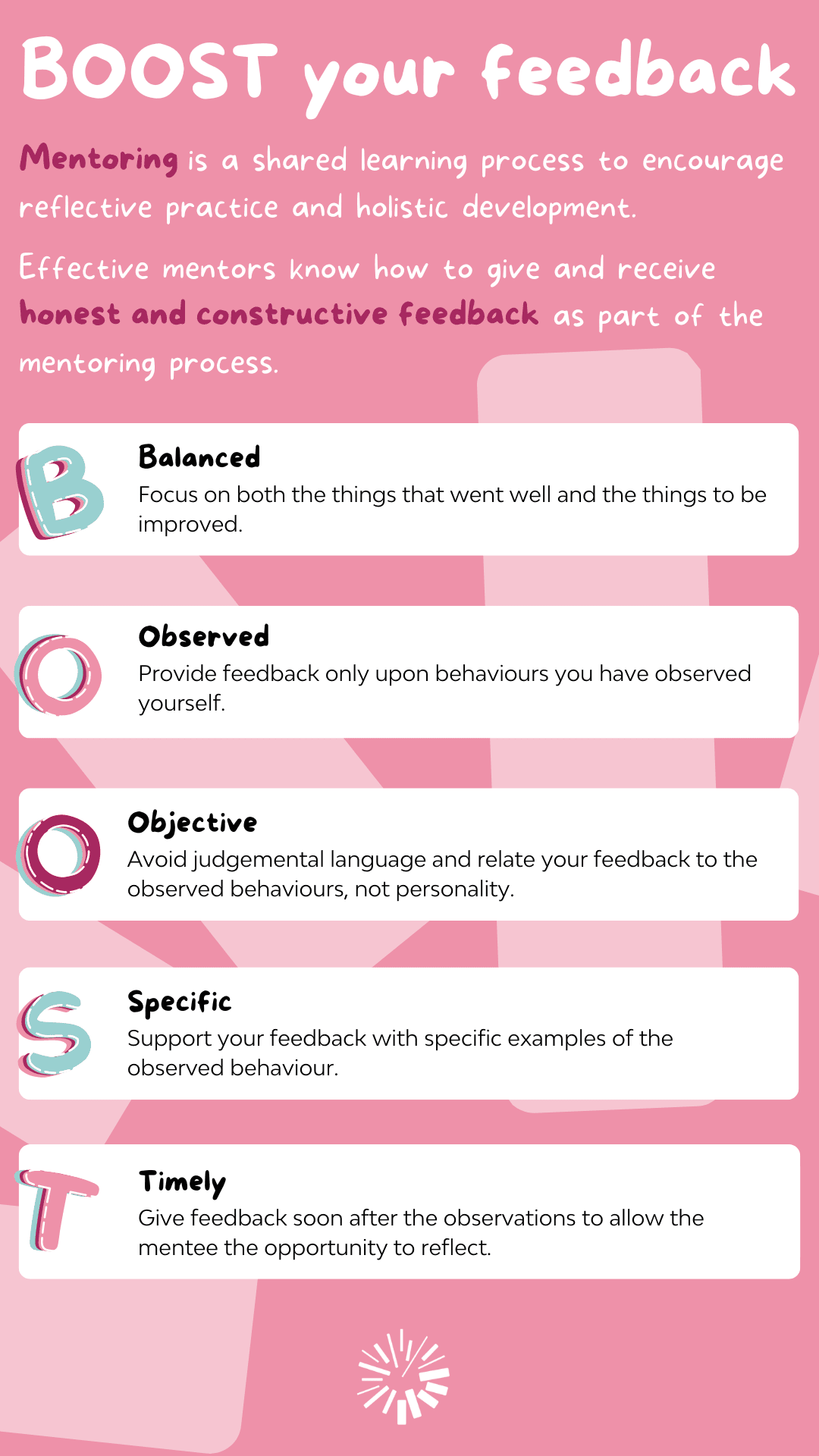 Infographic explaining the BOOST feedback acronym: Balanced, Observed, Objective, Specific and Timely.